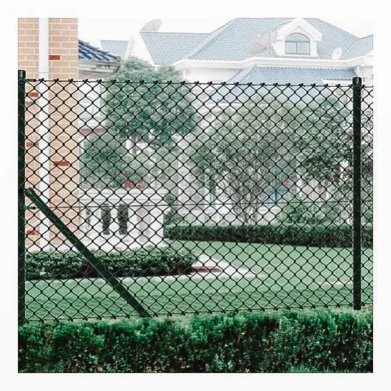 Green chain-link fence surrounding a well-maintained residential yard.