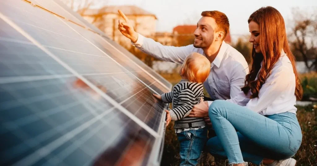 A family interacting with solar panels, highlighting the connection between renewable energy and sustainable practices.