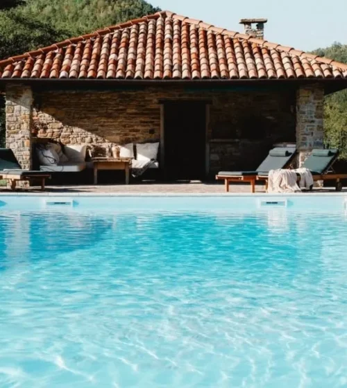 Pool house with a spacious pool surrounded by lush greenery.