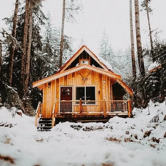 Wooden cabin nestled in a snowy forest, featuring a cozy porch and warm lighting.