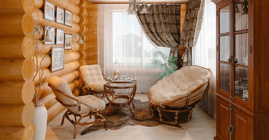 Cozy cabin-style sitting area with rustic wood walls, cushioned chairs, and natural light.