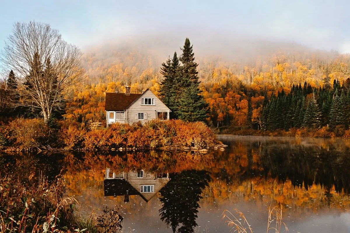 A cozy wooden house surrounded by autumn trees, reflecting on a calm lake, with mist-covered hills in the background.