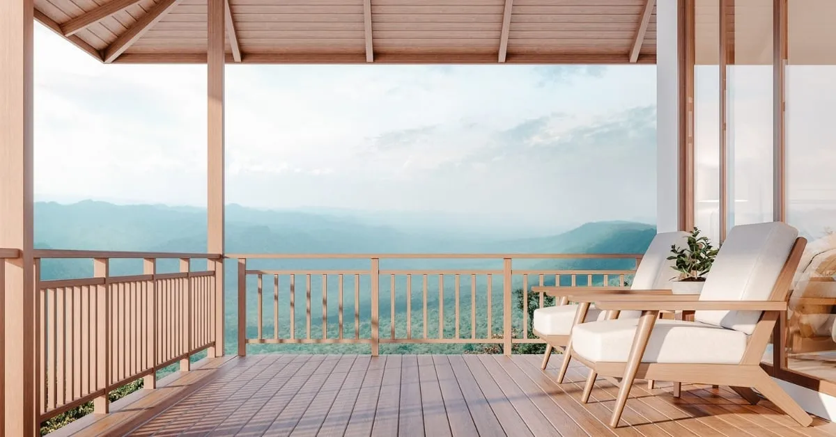 Wooden deck with comfortable seating and stunning mountain views.