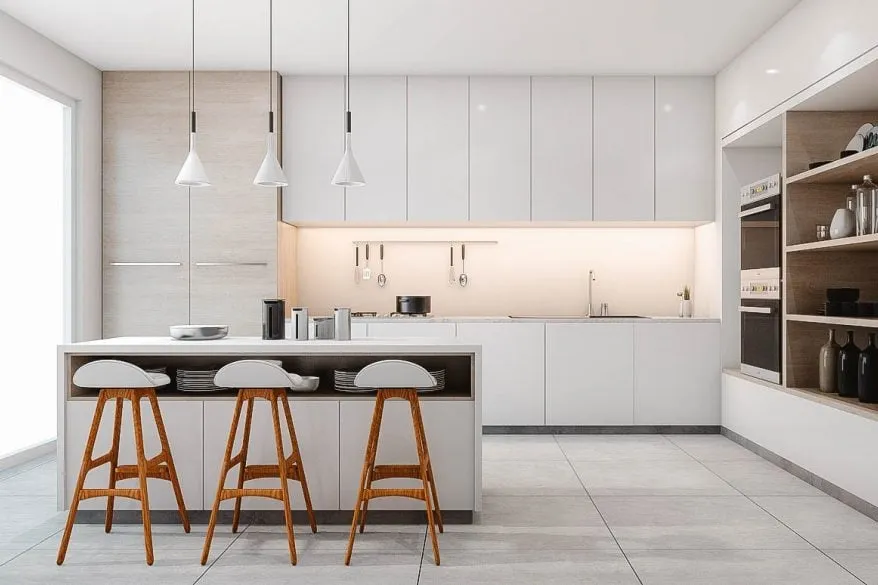 Minimalist modern kitchen with white cabinets, a central island, and pendant lighting.