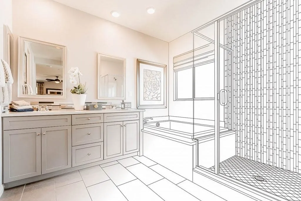 Bathroom renovation concept with a blend of a completed vanity area and an unfinished sketched shower design.