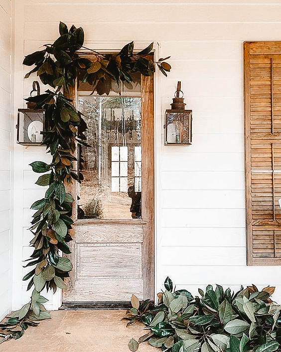 You can see a front porch decorated in a scandinavian look.