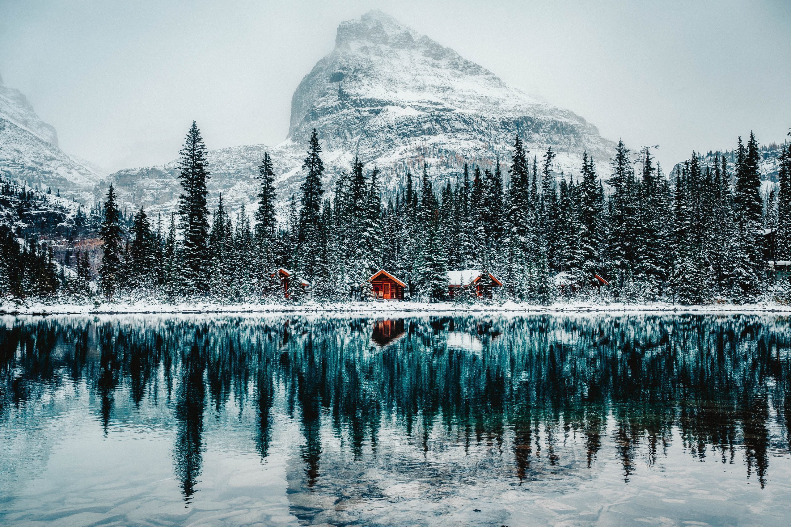 You can see a cabin in the mountains