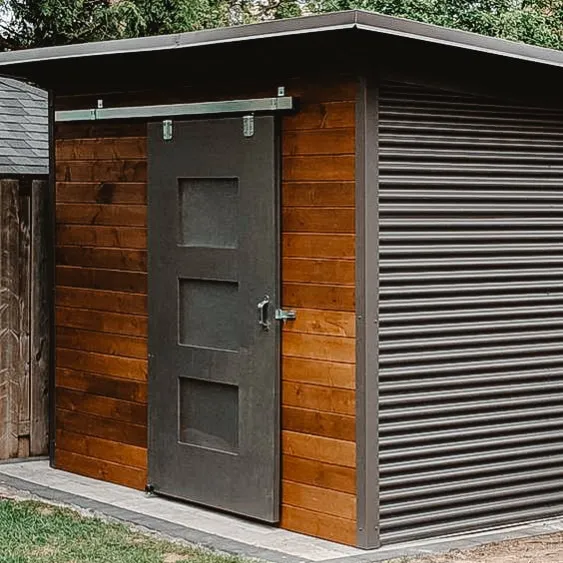 Modern wooden shed with a sliding metal door for optimal storage