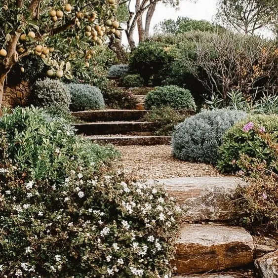 Stone outdoor staircase surrounded by lush greenery and blooming plants.