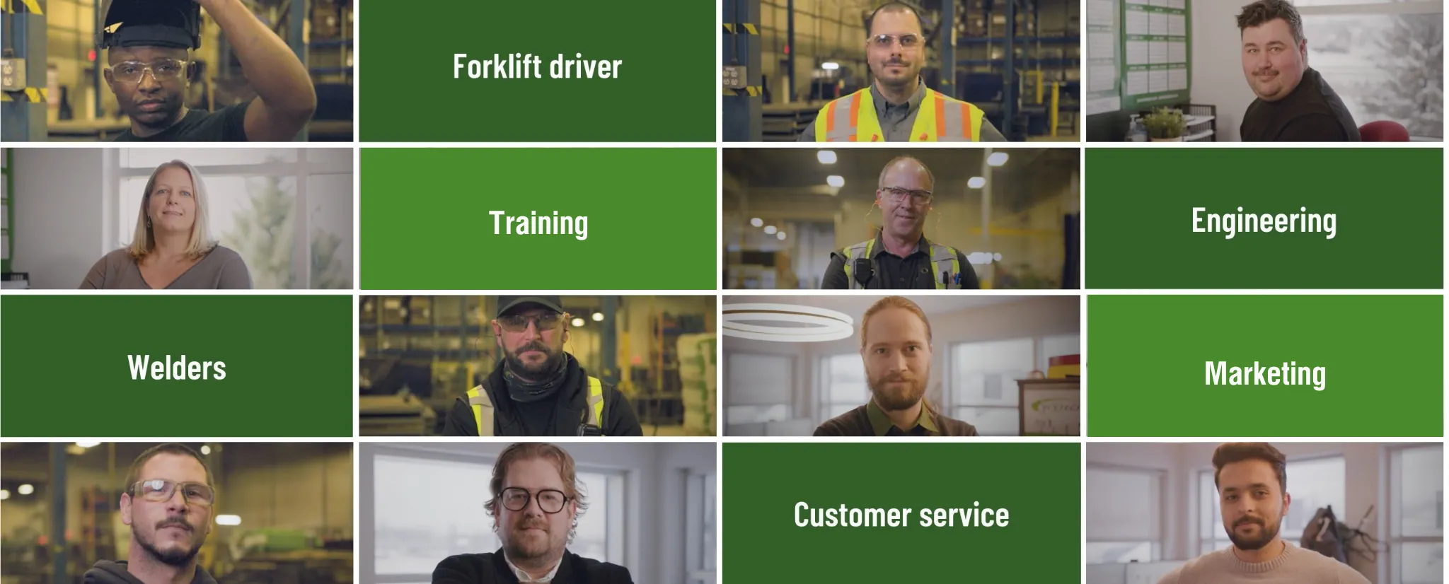 Collage of diverse Postech Screw Piles employees representing various roles such as forklift driver, welders, engineers, marketing, customer service, and training.